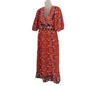 Anthropologie 2 Front Slits Orange Multicolor Made in India Dress. Size 8.